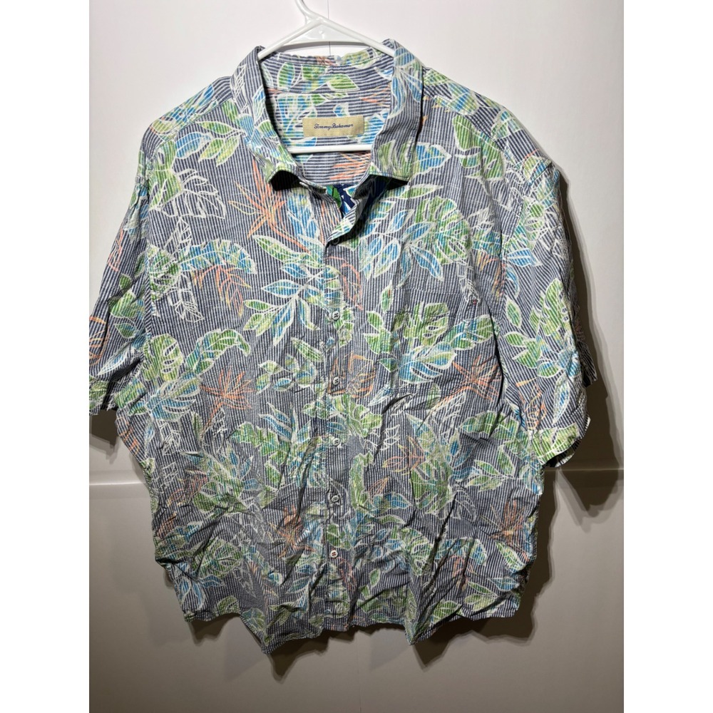 Tommy Bahama Mens XXL Blue Striped Tropical Leaf Seersucker Button Down Shirt